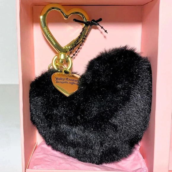 Juicy Couture Black Blossoms Heart Wristlet & Pom Pom Keychain Charm Gift Set - Picture 4 of 8